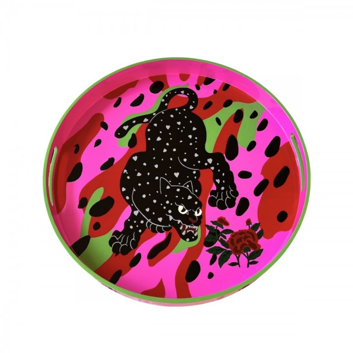 Round lacquer tray with the black panther  D40 cm
